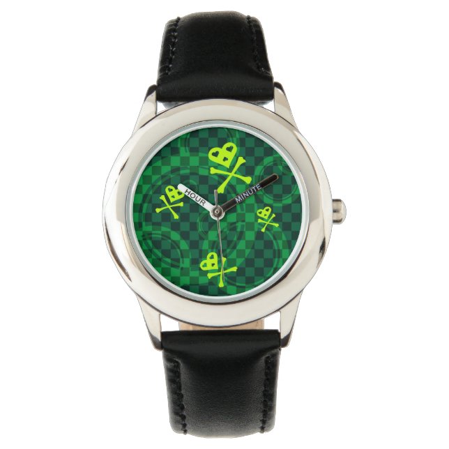 Groen Emo-patroon met cirkels Horloge (Voorkant)
