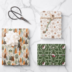 Groen en Beige Kerstwoud Dorp Sneeuwvlok Inpakpapier Vel
