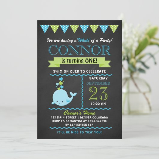 Groen en Blauw Baby Walvis Verjaardagsfeest Uitnod Kaart (Staand voorkant)