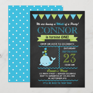 Groen en Blauw Baby Walvis Verjaardagsfeest Uitnod Kaart