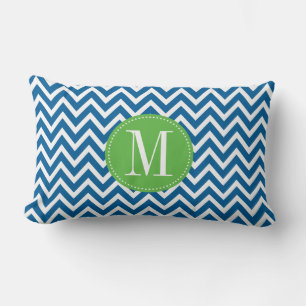 Groen en blauw Chevron Aangepast monogram Kussen