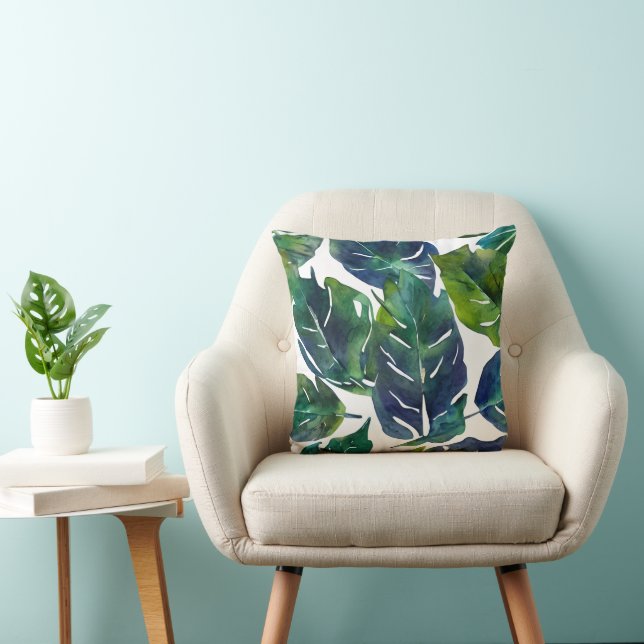 Groen en Blauw Foliage Philodendron Botanical Kussen (Stoel)