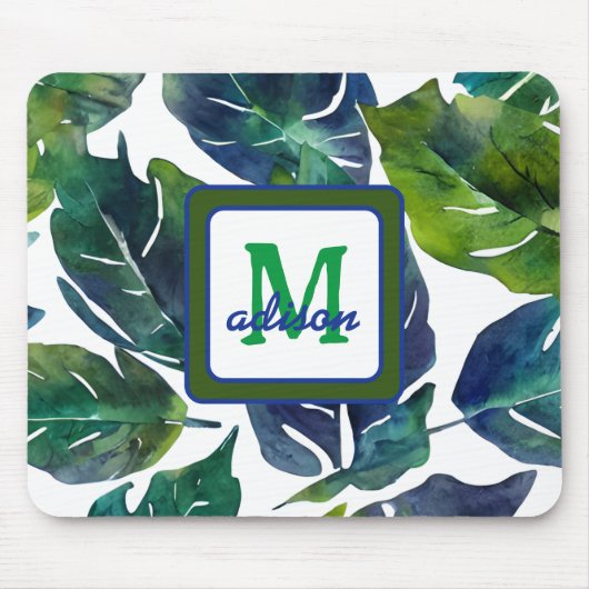 Groen en Blauw Foliage Philodendron Monogrammed Muismat (Voorkant)
