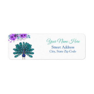 Groen en Blauw Peacock | Paarse Waterverf bloemen Etiket