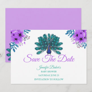 Groen en Blauw Peacock | Paarse Waterverf bloemen Save The Date