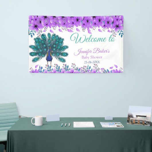 Groen en Blauw Peacock | Paarse Waterverf bloemen Spandoek (Beurs)