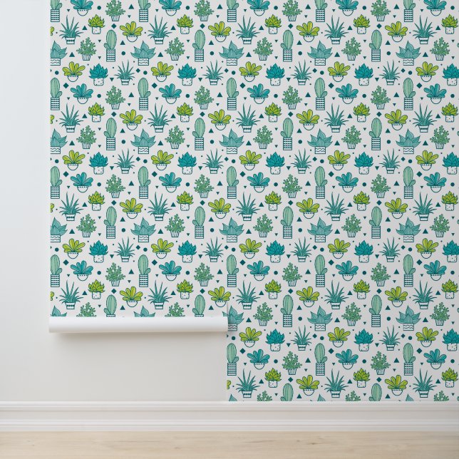 Groen en blauw Waterverf Succulent Patroon Behang (Applicatie)