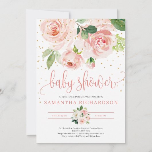 Groen en BLush Roze Bloemen baby shower Invite Kaart (Voorkant)
