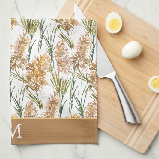 Groen en bruin Pampas Grass Monogram Theedoek (Quarter Fold)