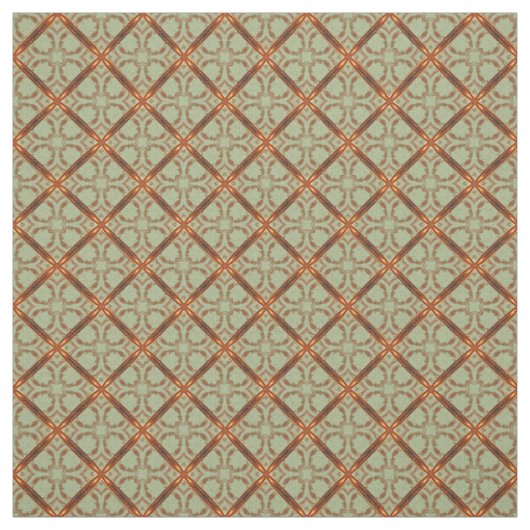 Groen en Coper Oranje Scroll Grid Pattern Stof (Swatch)