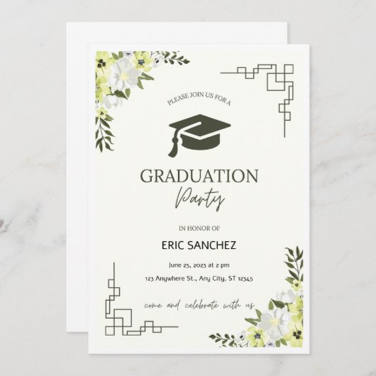 Groen en Crème Bloemen Afstuderen Invitation! Kaart (Voorkant / Achterkant)