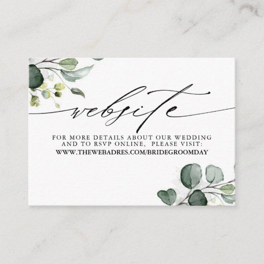 Groen en Eucalyptus Bruiloft Details Website Informatiekaartje (Voorkant)