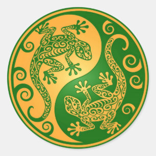 Groen en Geel Yin Yang Geckos Ronde Sticker