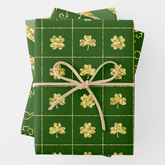 GROEN EN GOLD GLITTER KIJKEN IRISH SHAMROCKS INPAKPAPIER VEL (In situ)