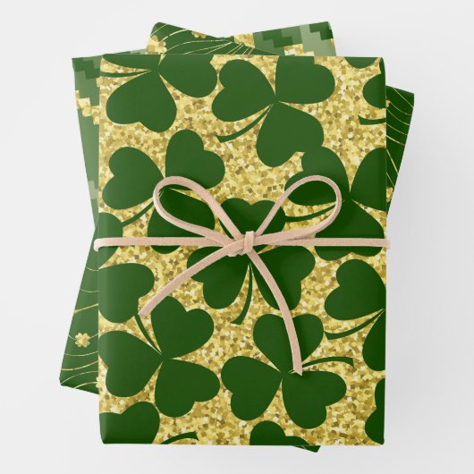 GROEN EN GOLD GLITTER KIJKEN IRISH SHAMROCKS INPAKPAPIER VEL (In situ)