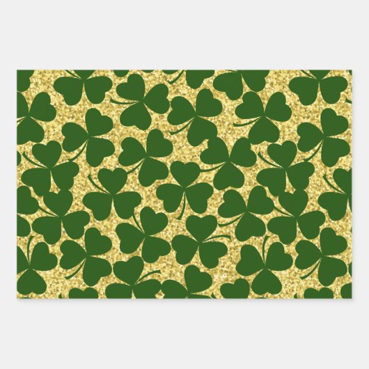 GROEN EN GOLD GLITTER KIJKEN IRISH SHAMROCKS INPAKPAPIER VEL (Voorkant)