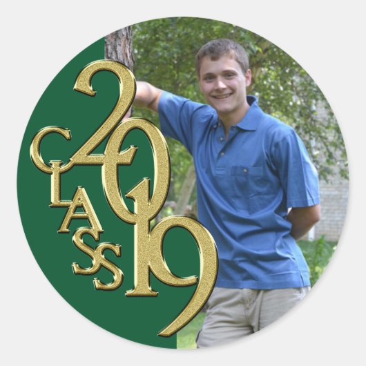 Groen en Goud 2019 Afstuderen Klasse met Foto Ronde Sticker (Voorkant)
