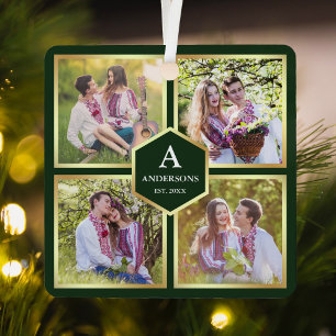 Groen en Goud 4 Foto's Familie Fotocollage Metalen Ornament