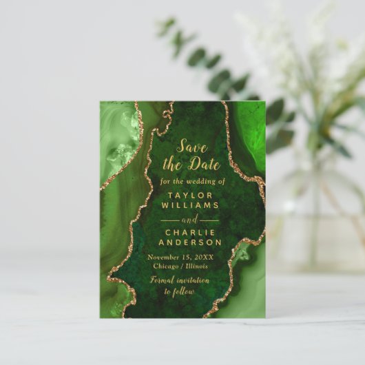 Groen en Goud Agaat Marmer Save The Date Briefkaart (Staand voorkant)