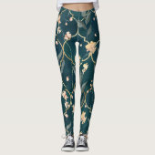 Groen en Goud Bloemen Patroon Leggings (Voorkant)