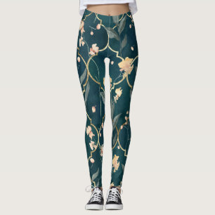 Groen en Goud Bloemen Patroon Leggings