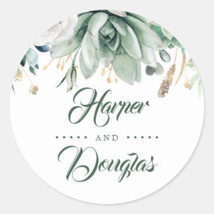 Groen en Goud   Botanische elegante bruiloft Ronde Sticker