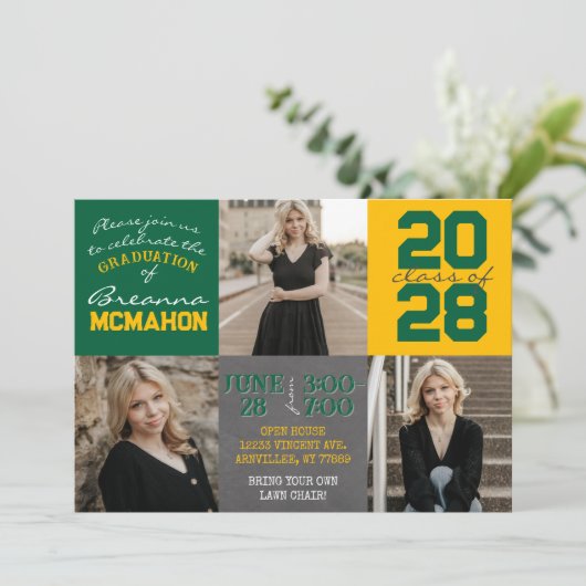Groen en Goud Chalkboard 3 Foto Afstuderen Kaart (Staand voorkant)