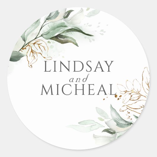 Groen en Goud Eucalyptus Bruiloft Ronde Sticker (Voorkant)