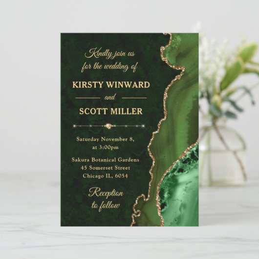 Groen en goud glitter Agate en marmer Wedding Kaart (Staand voorkant)