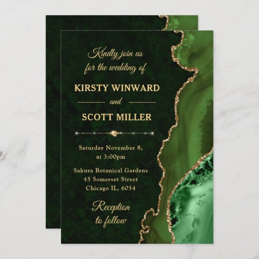 Groen en goud glitter Agate en marmer Wedding Kaart (Voorkant / Achterkant)