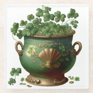 GROEN EN GOUD IRISH POT VAN SCHAMROCKS EN VINES GLAZEN ONDERZETTER
