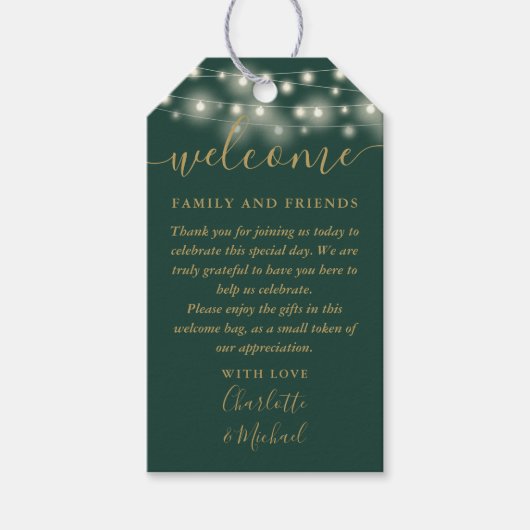 Groen En Goud Lichtjes Trouwgunst Welkomstmand Cadeaulabel (Voorkant)