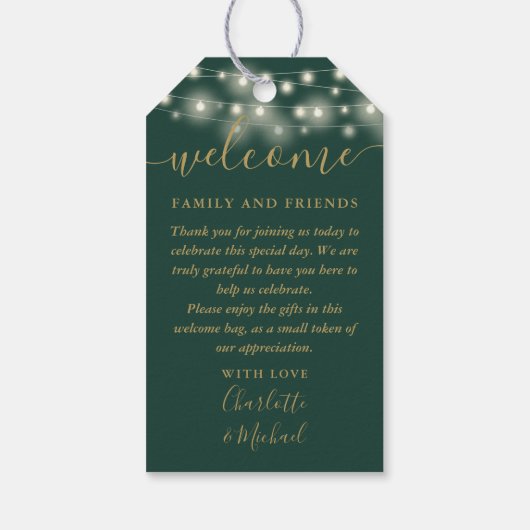 Groen En Goud Lichtjes Trouwgunst Welkomstmand Cadeaulabel (Achterkant)
