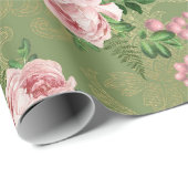 Groen en goud met roze rozen cadeaupapier (Rol Hoek)