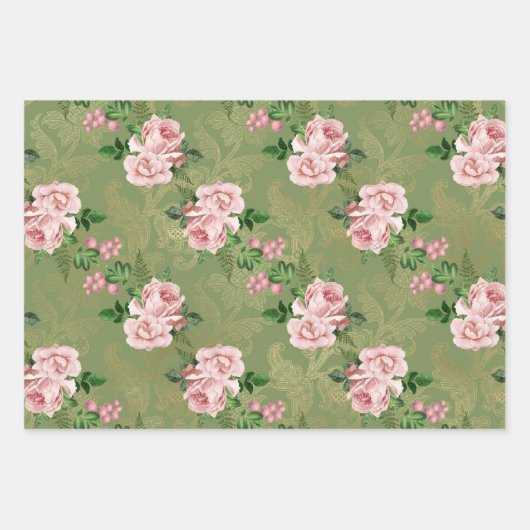 Groen en goud met roze rozen inpakpapier vel (Voorkant)