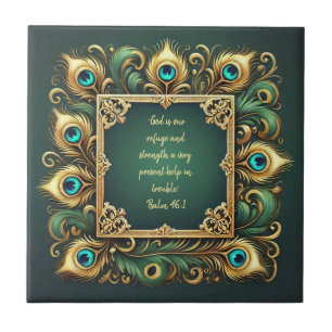 Groen en goud Pauw Frame Bijbelverzen Tegeltje