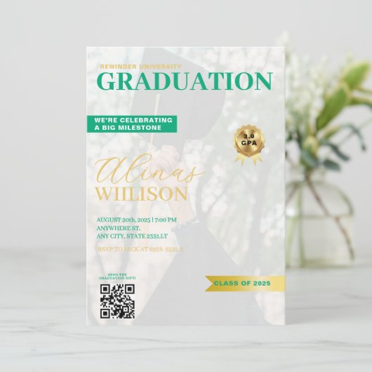 Groen en Goud QR Code Magazine Foto afstuderen Kaart (Staand voorkant)