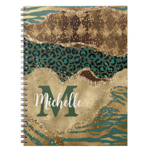 Groen en goud Safari Animal Glitter Agate Monogram Notitieboek