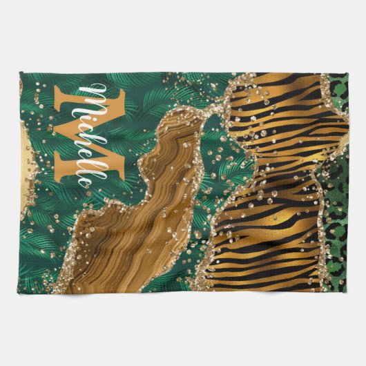 Groen en goud Safari Animal Glitter Agate Monogram Theedoek (Horizontaal)