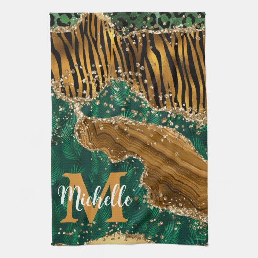 Groen en goud Safari Animal Glitter Agate Monogram Theedoek (Verticaal)