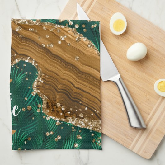 Groen en goud Safari Animal Glitter Agate Monogram Theedoek (Quarter Fold)