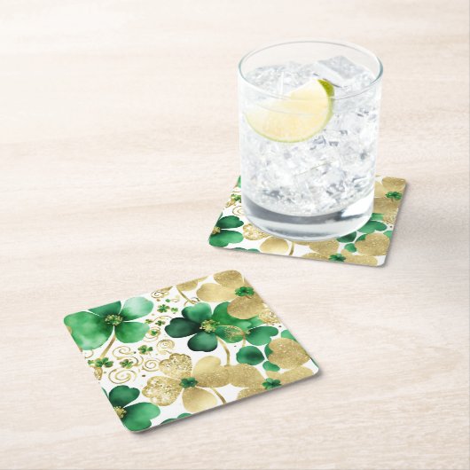 Groen en Goud St Patrick's Day Shamrock Vierkante Kartonnen Onderzetter (Insitu)