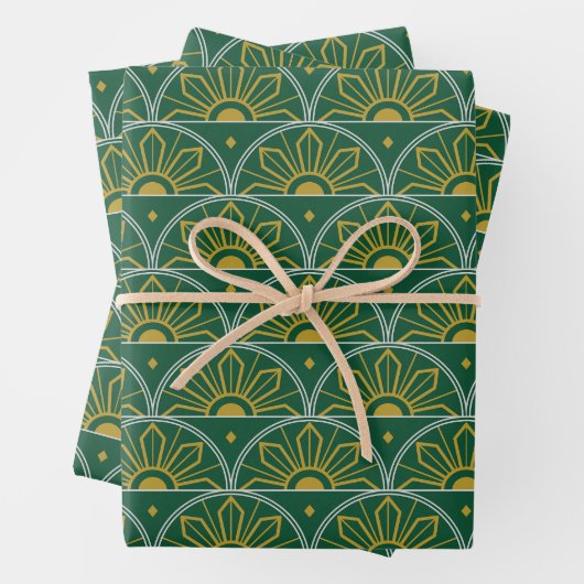 Groen en Goud Sunburst Art Deco Giftwrap Inpakpapier Vel (In situ)