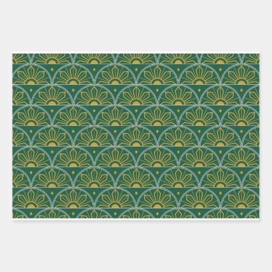 Groen en Goud Sunburst Art Deco Giftwrap Inpakpapier Vel (Voorkant)