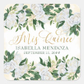 Groen en Goud Witte Pioen Roos Bloemen Mis Quince Vierkante Sticker (Voorkant)
