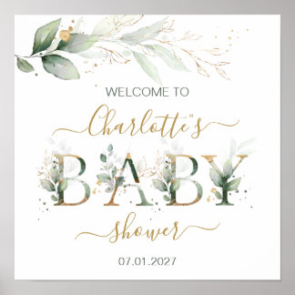 Groen en goudbladergoed Welkomstteken Baby shower Poster