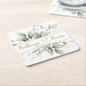 Groen en goudbruiddplein vierkante kartonnen onderzetter (Schuin)