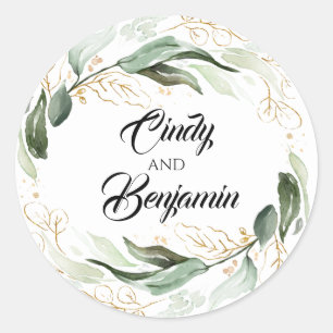 Groen en Gouden Bladeren Eucalyptus Bruiloft Ronde Sticker