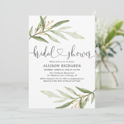 Groen en gouden bladeren waterverf bruidsdouche kaart (Staand voorkant)