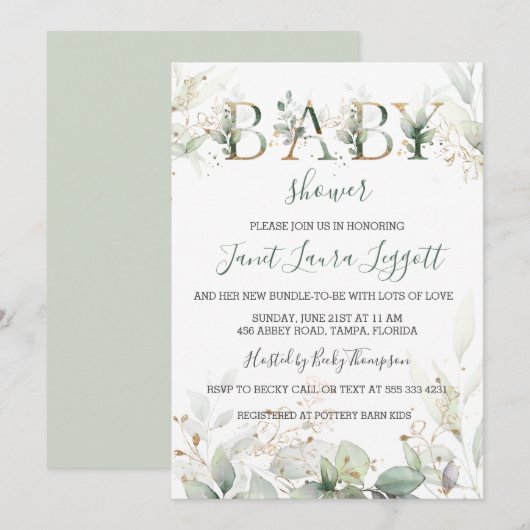 Groen en gouden gebladerte Baby shower Kaart (Voorkant / Achterkant)